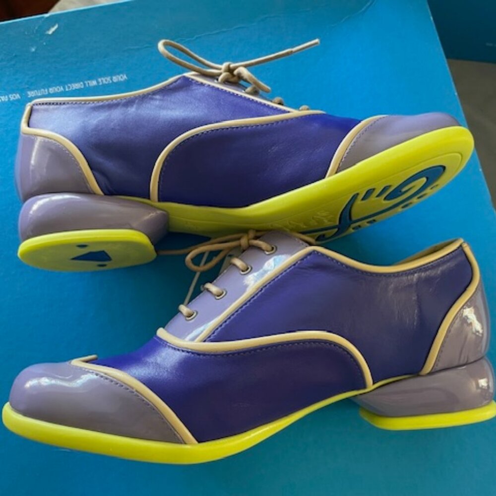 LAST Fluevog Martha Fellowship Lace Up Purple Neon Green 7.5 7 Leather Retro - Picture 10 of 15